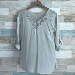 Daniel Rainn Silk Pleated Lace Blouse Blue Crepe De Chine Relaxed Fit Womens XS